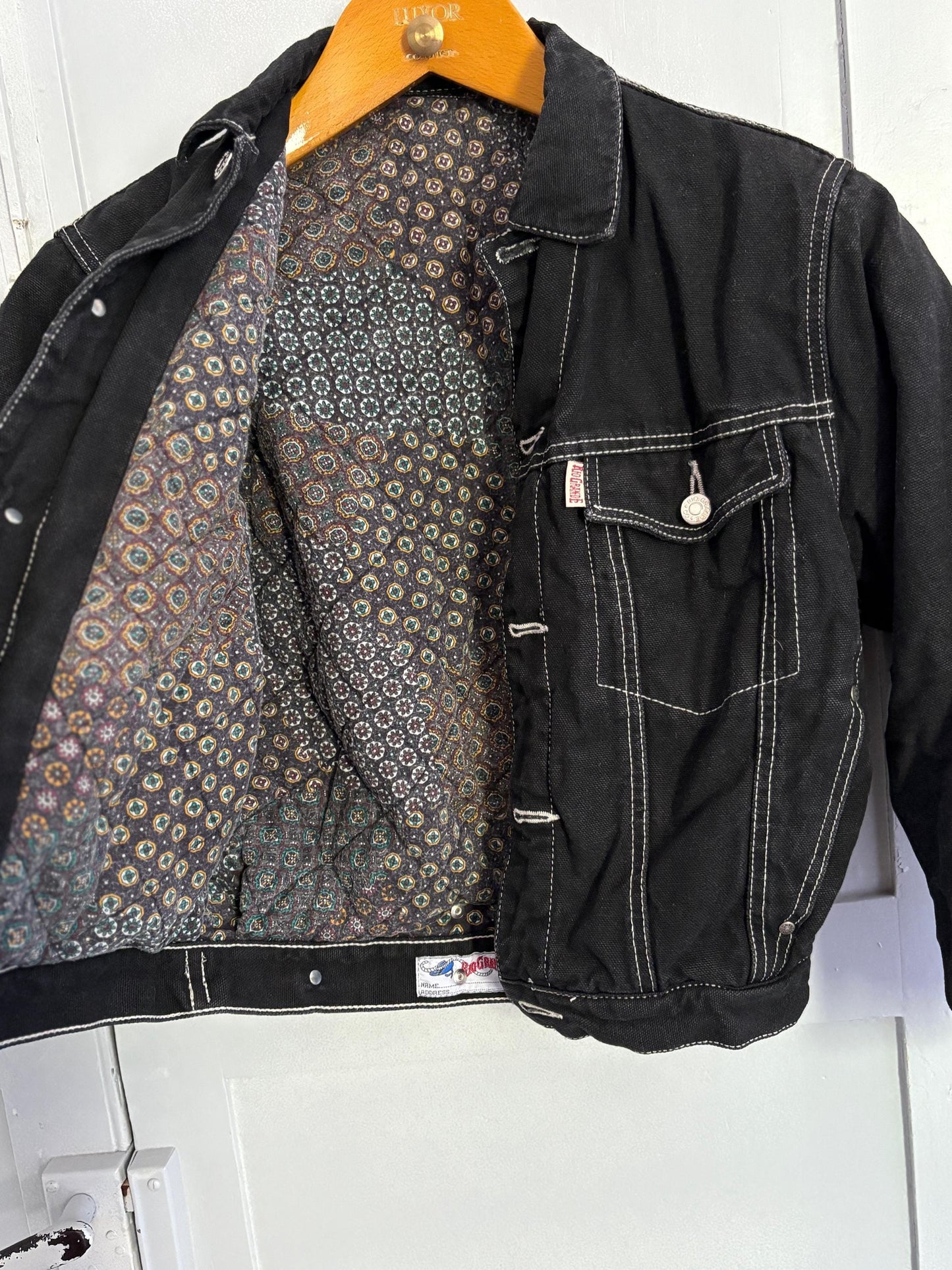Vintage 1990s Rio Grande Black Puffer Denim Jacket Lined Bomber Fall Outerwear Size Small