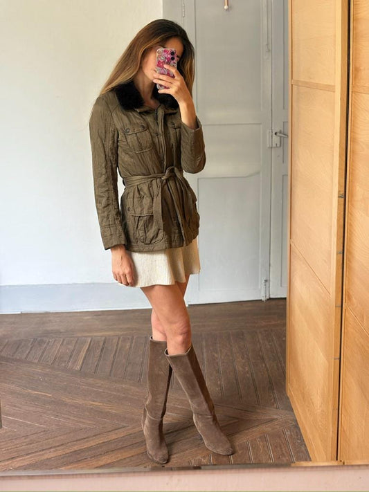 Laurèl moss green parka, Luxury vintage designer wear, Forest outing clothing,