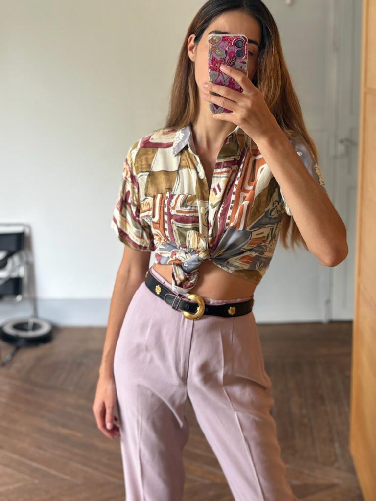 Vintage abstract 80s woman blouse, Retro colourful button up shirt, Cute 70s summer shirt, Dina Ariel Petites