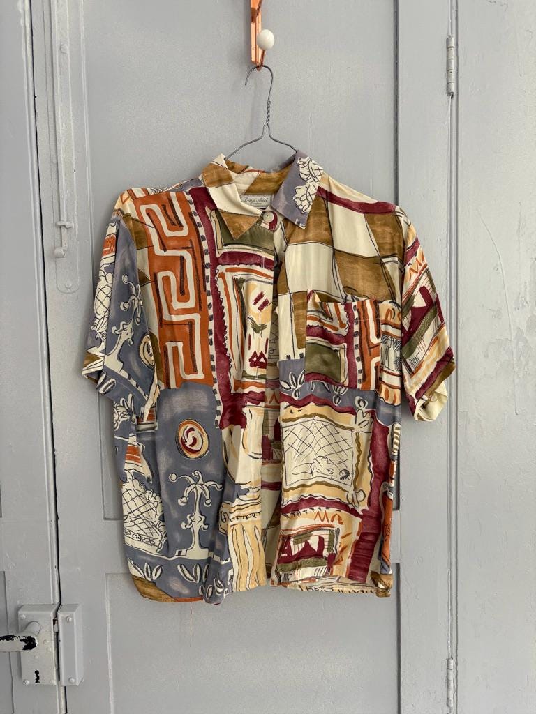 Vintage abstract 80s woman blouse, Retro colourful button up shirt, Cute 70s summer shirt, Dina Ariel Petites