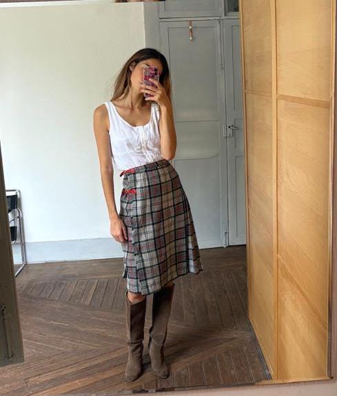 Vintage Wool Pleated Plaid Skirt, High Waisted grey and red Midi Skirt, Retro Tartan A-Line Skirt, Scottish Checkered Skirt for Women, XXL