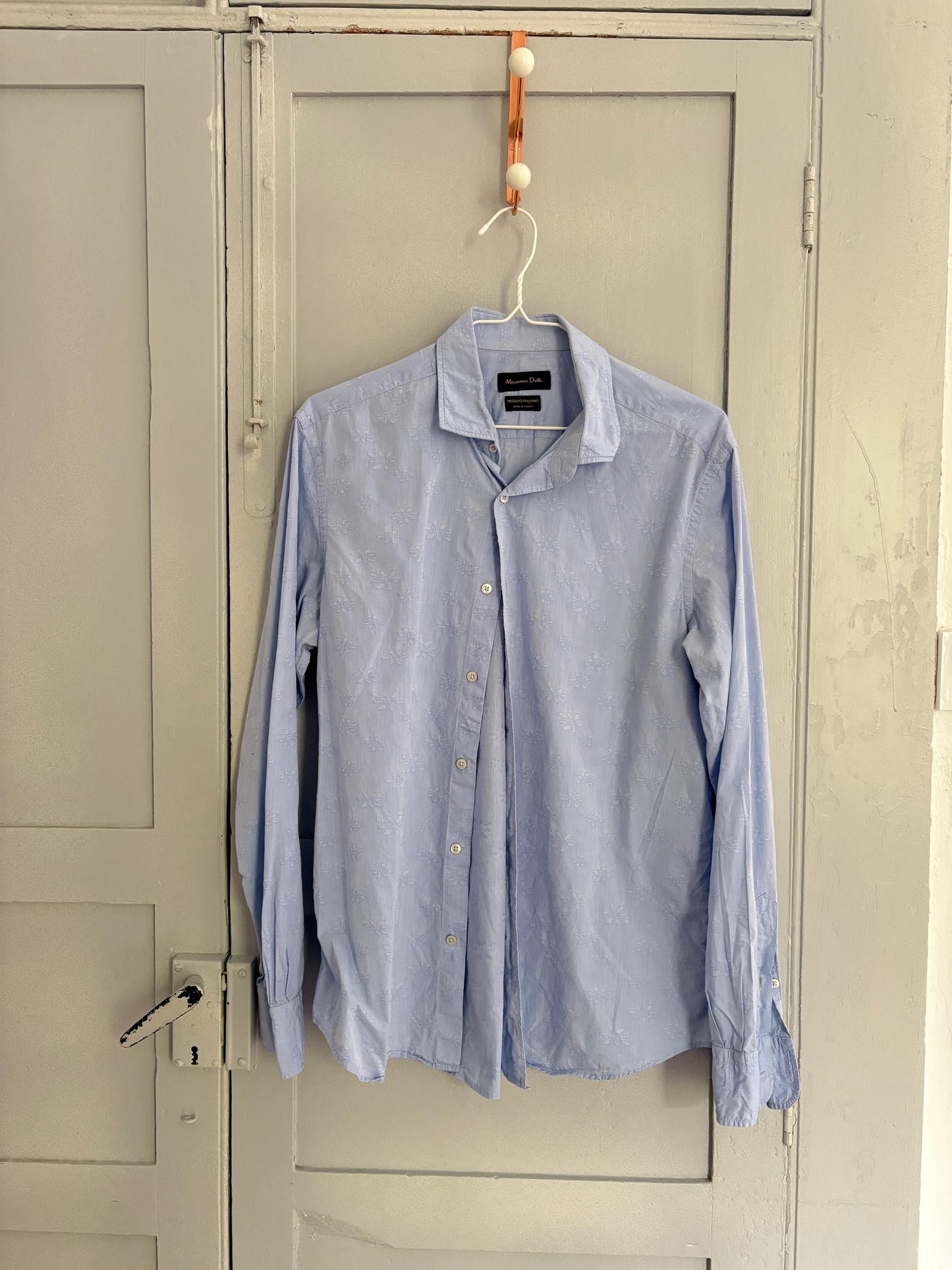 Vintage baby blue Massimo Dutti blouse, Crisp floral print Button-Up shirt, Delicate floral print, Classic Italian Design clothing