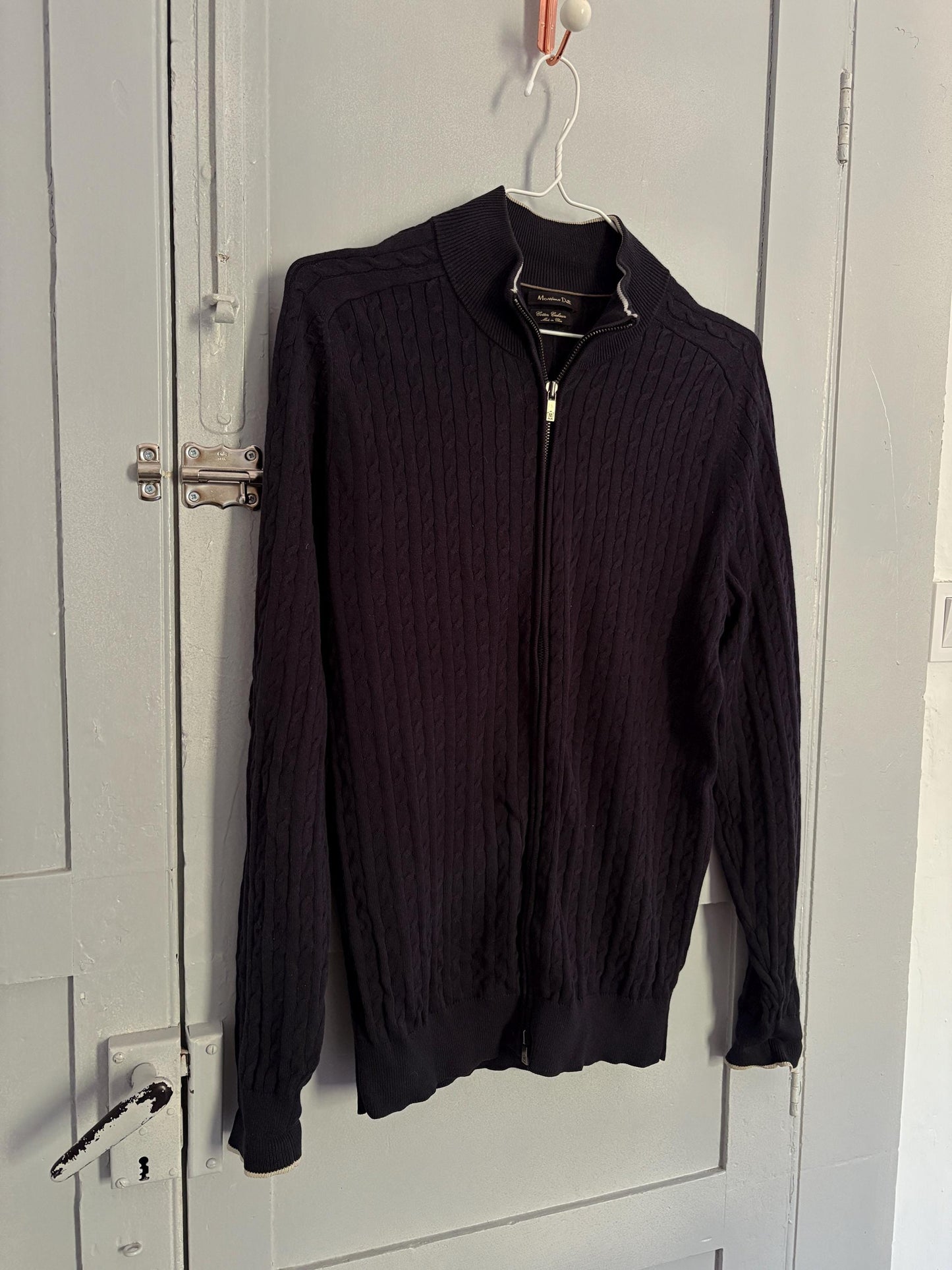 Dark blue vintage cashmere Massimo Dutti Luxe cardigan - Long sleeved navy blue cotton blend vest, Super soft winter knit Designer Jumper, S