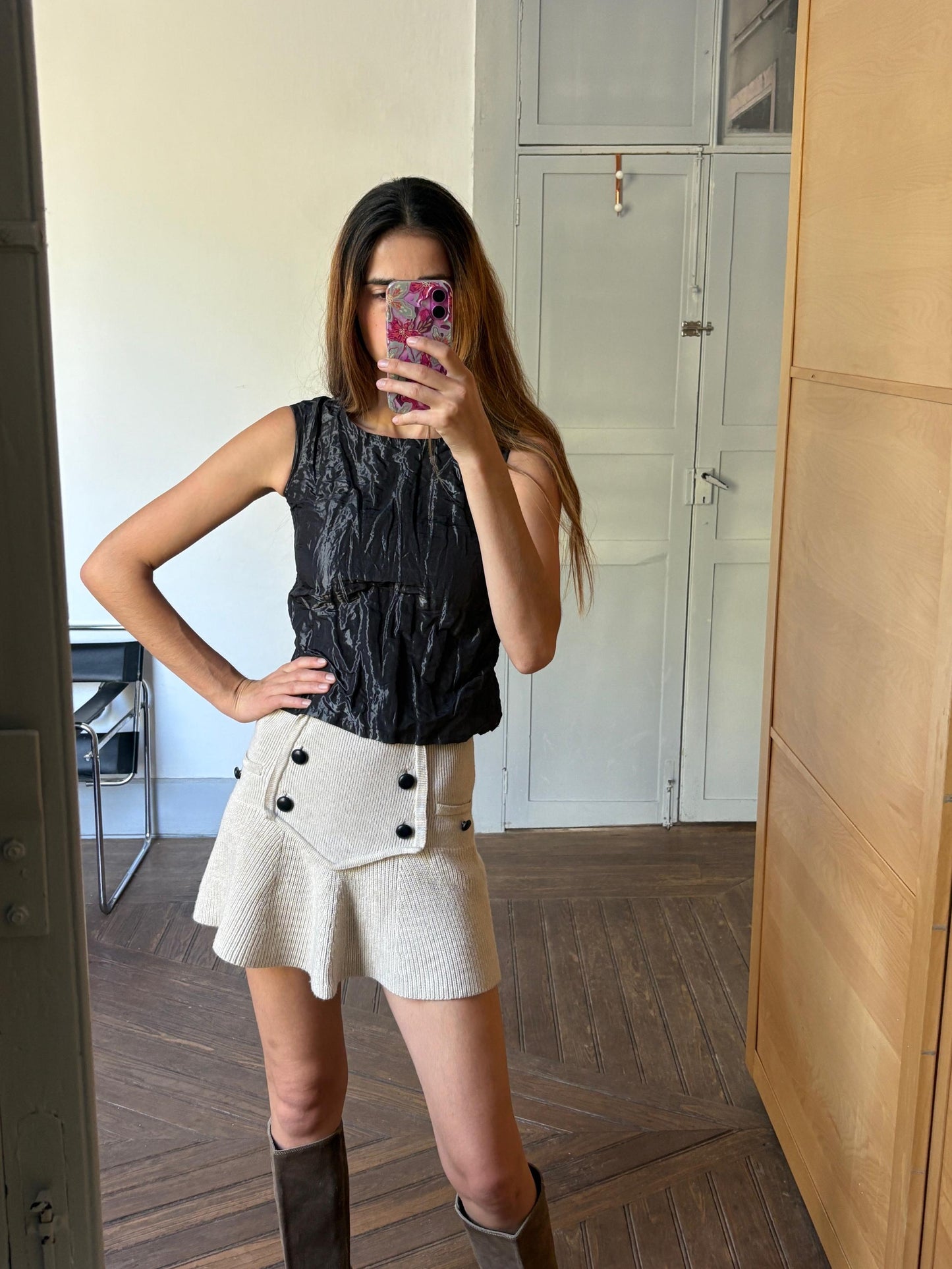 Chic black camisole, Elegant sleeveless textured top, Shiny black outfit, XXS