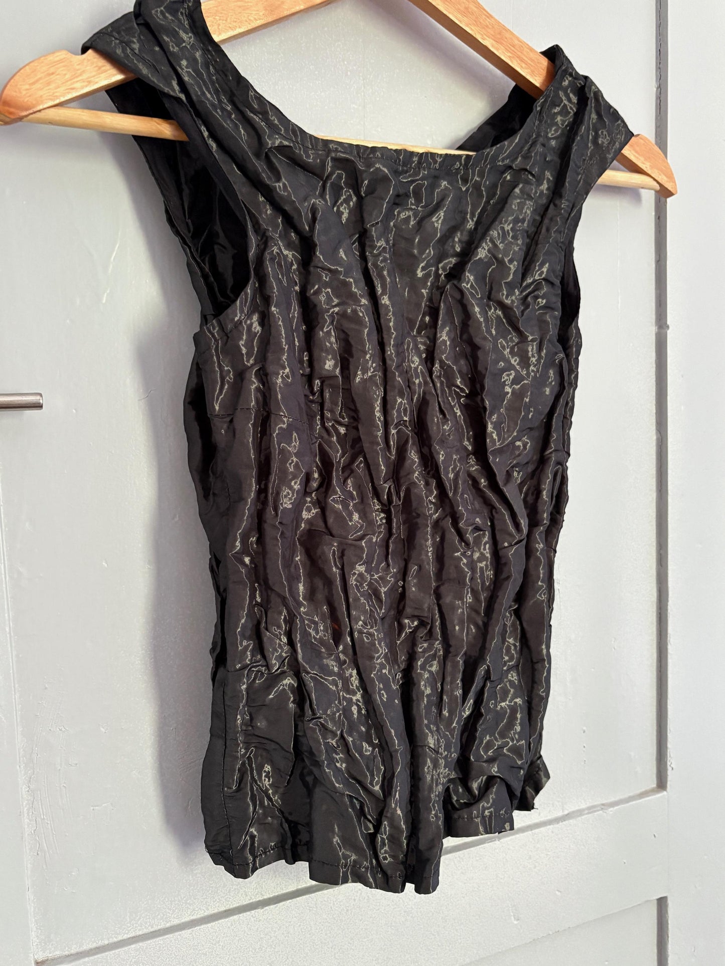 Chic black camisole, Elegant sleeveless textured top, Shiny black outfit, XXS