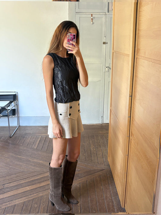 Chic black camisole, Elegant sleeveless textured top, Shiny black outfit, XXS