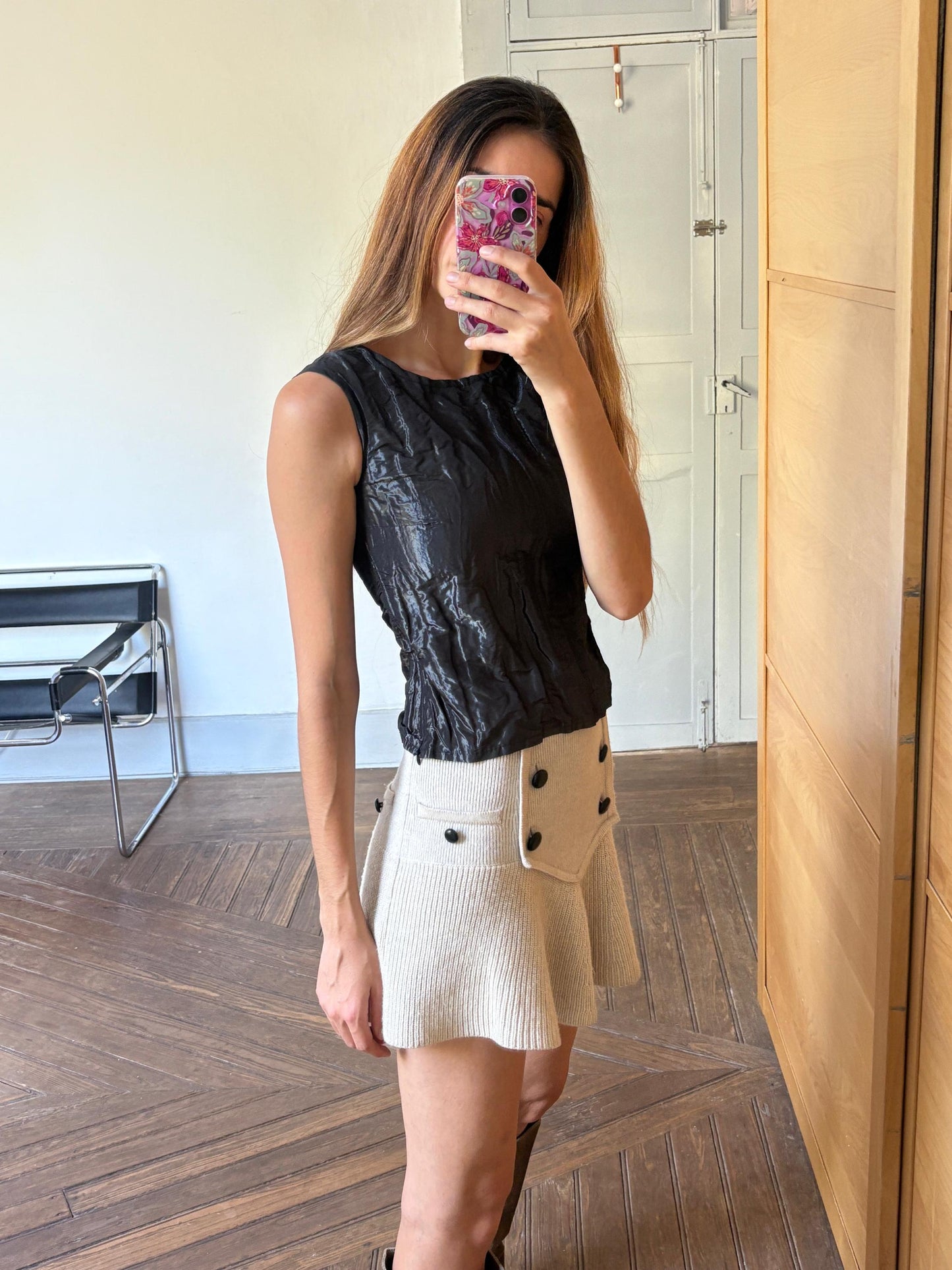 Chic black camisole, Elegant sleeveless textured top, Shiny black outfit, XXS
