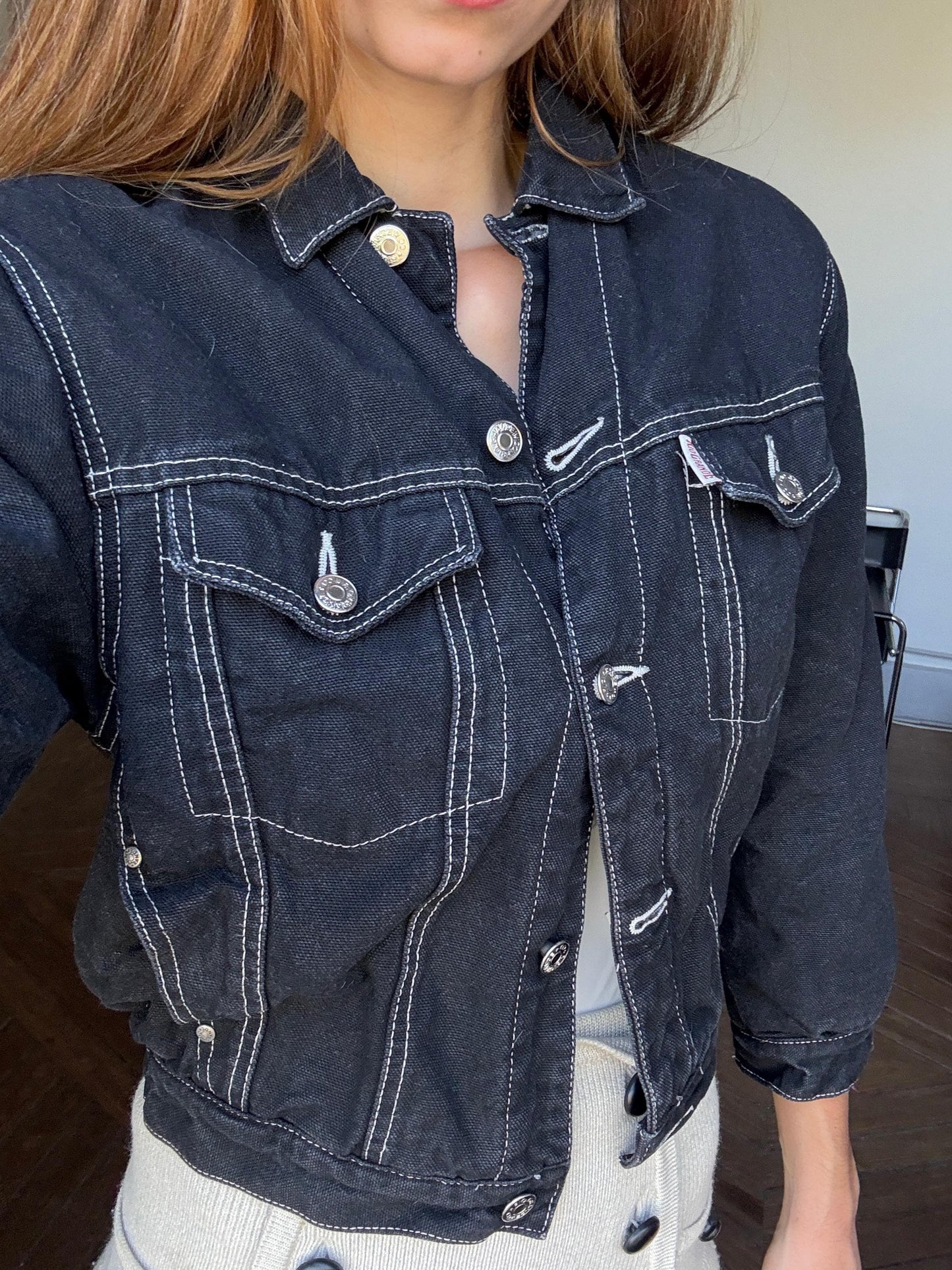Vintage 1990s Rio Grande Black Puffer Denim Jacket Lined Bomber Fall Outerwear Size Small
