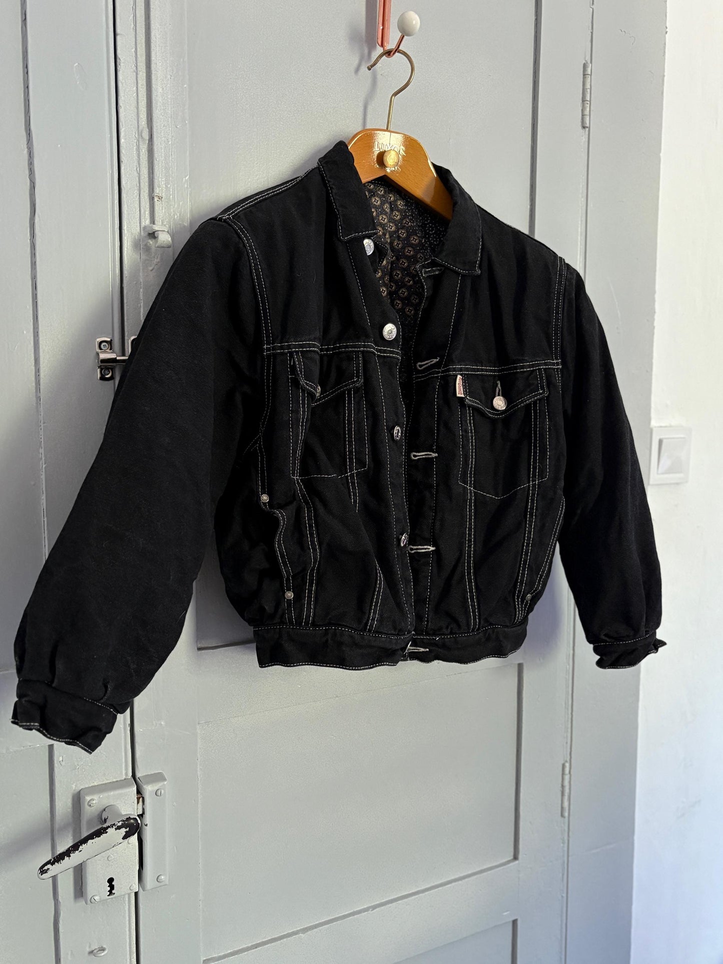 Vintage 1990s Rio Grande Black Puffer Denim Jacket Lined Bomber Fall Outerwear Size Small