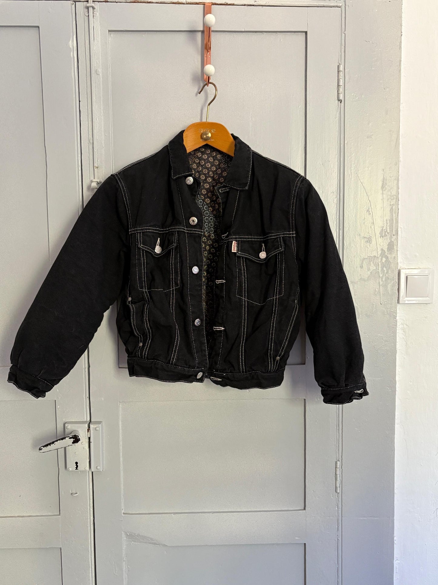 Vintage 1990s Rio Grande Black Puffer Denim Jacket Lined Bomber Fall Outerwear Size Small