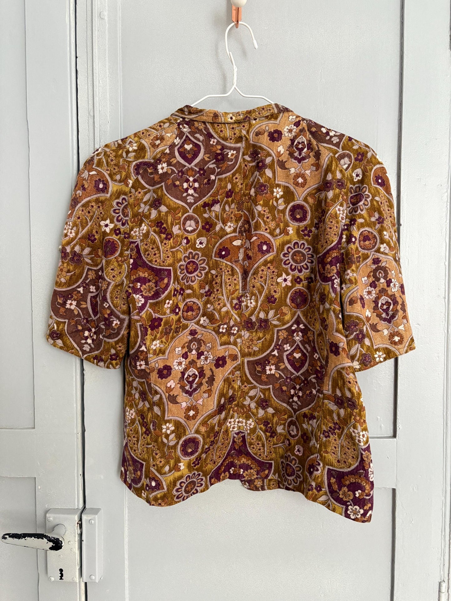 Vintage unique handmade jacket with flower print and short sleeves, Deep v neckline blouse, Retro 60s woman top, Deadstock original vintage