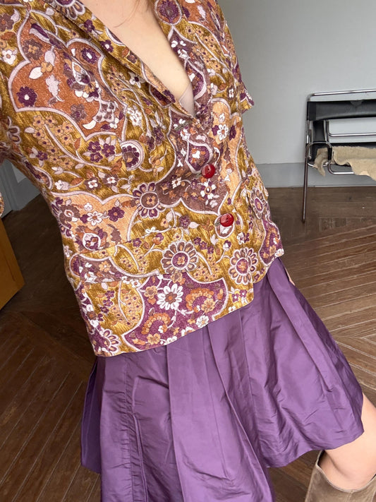 Vintage unique handmade jacket with flower print and short sleeves, Deep v neckline blouse, Retro 60s woman top, Deadstock original vintage