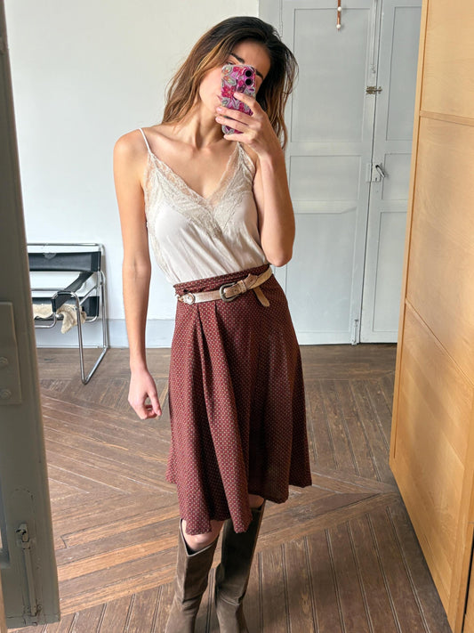 Vintage Cottagecore Midi Skirt | Red Beige Micro Pattern | Handmade 70s Academia Look