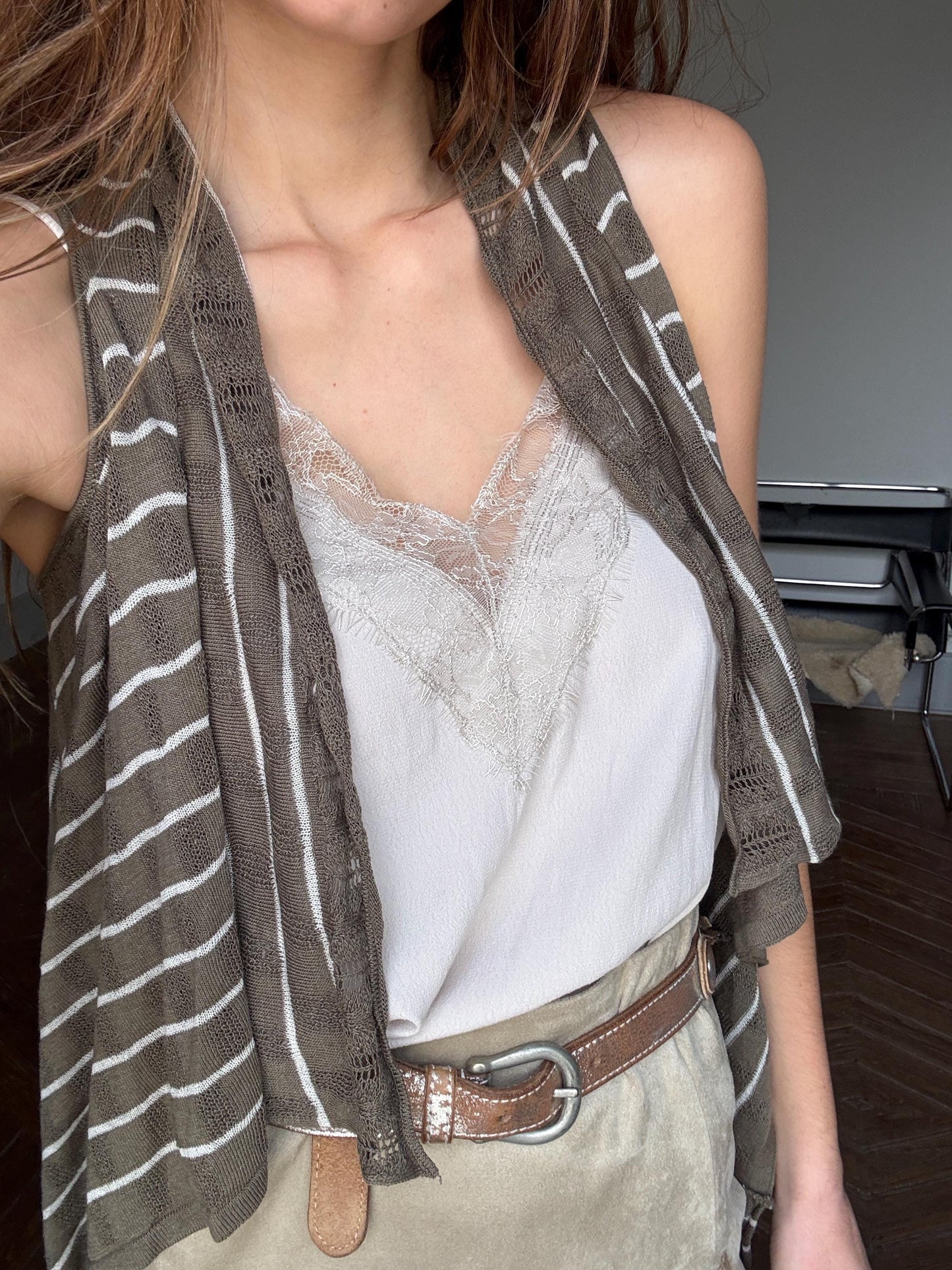 Vintage striped bolero, Elegant Women gilet, Sleeveless vest, formal waistcoat, Designer wear, Genfins moss green and white earthy cardigan