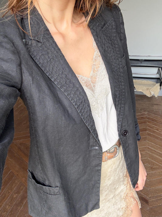 Vintage black linen woman blazer, Cute formal jacket, Minimalist wardrobe, Oversized boxy fit, Dark academia smart aesthetic, Size M