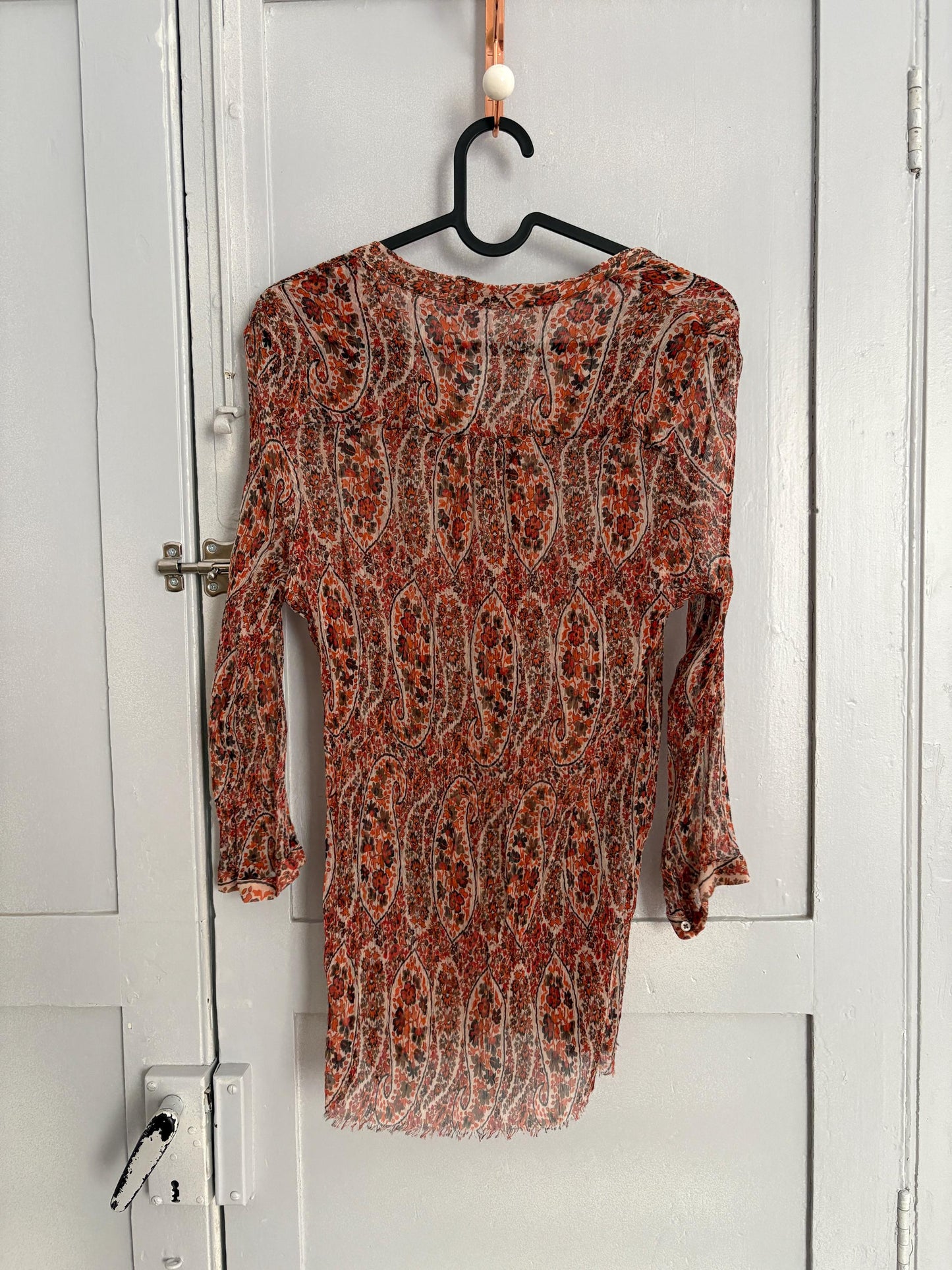 Foral sheer warm orange woman blouse, Sexy see through formal paisley print button up shirt by Massimo Dutti, Elegant camisole,