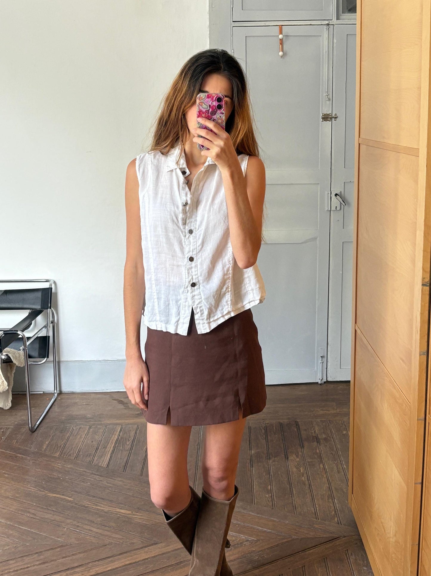 White vintage sleeveless camisole, Collared smart tank top, Elegant Dark Academia sleeveless shirt, S