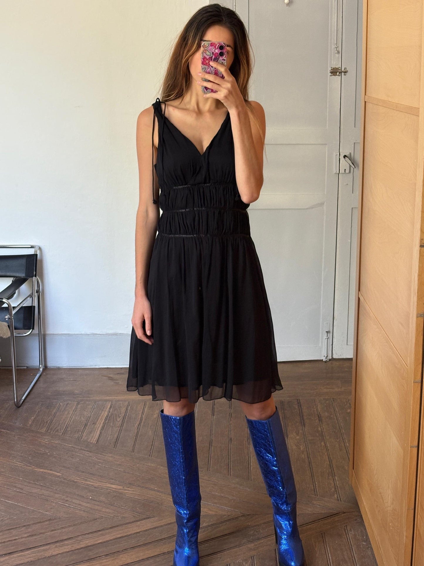 Vintage Jose Murielli black dress, Sexy deep v Basic casual loose fit dress, Lightweight Italian design summer dress, S