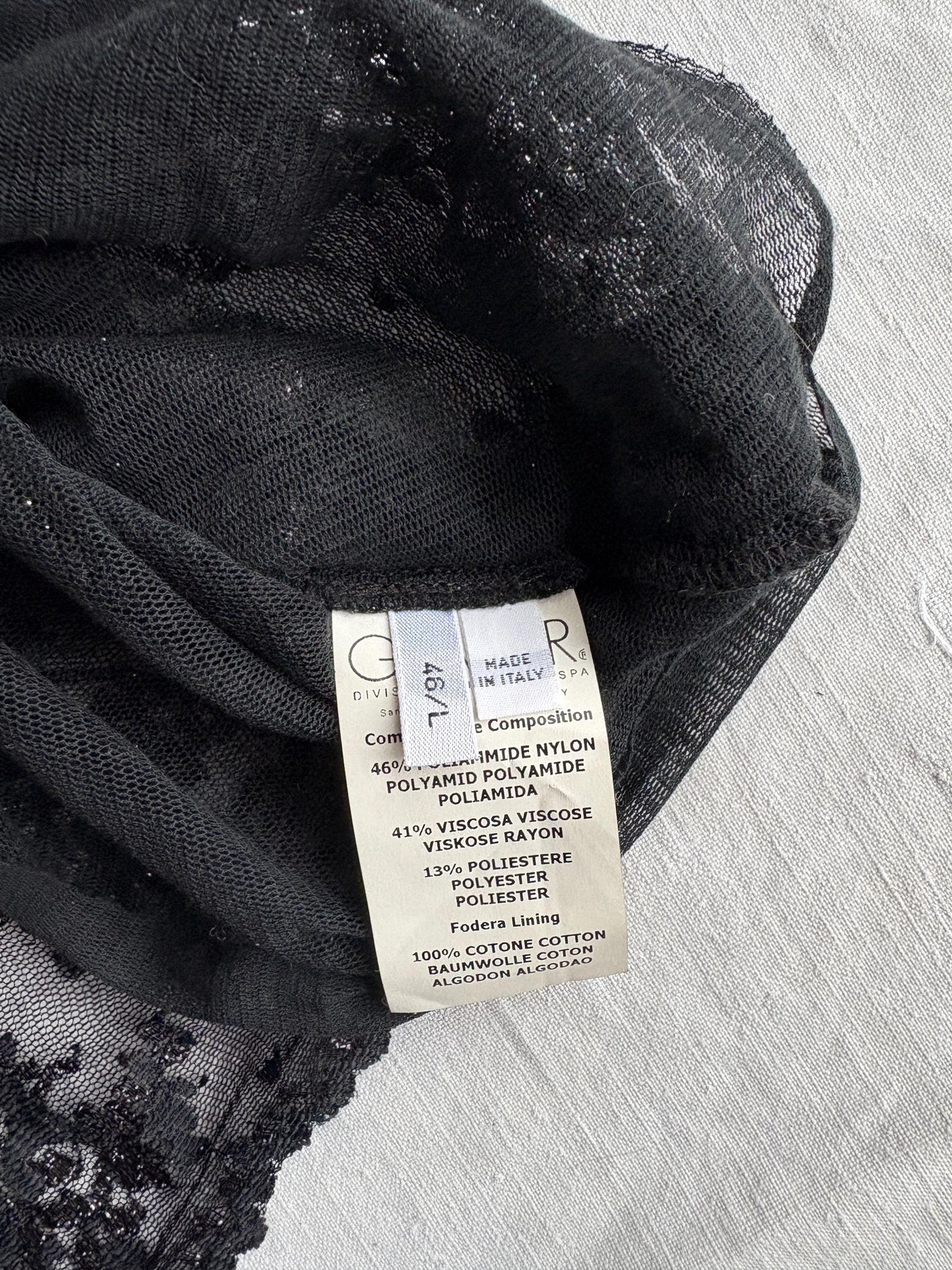 Vintage Iceberg black sheer polo shirt, Floral glitter blouse, Silver see through lace designer