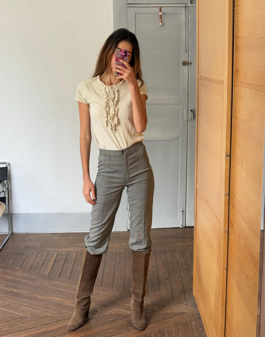 Vintage plaid wool trousers – size S, made in Italy, high-waisted academia pants with grey red check print