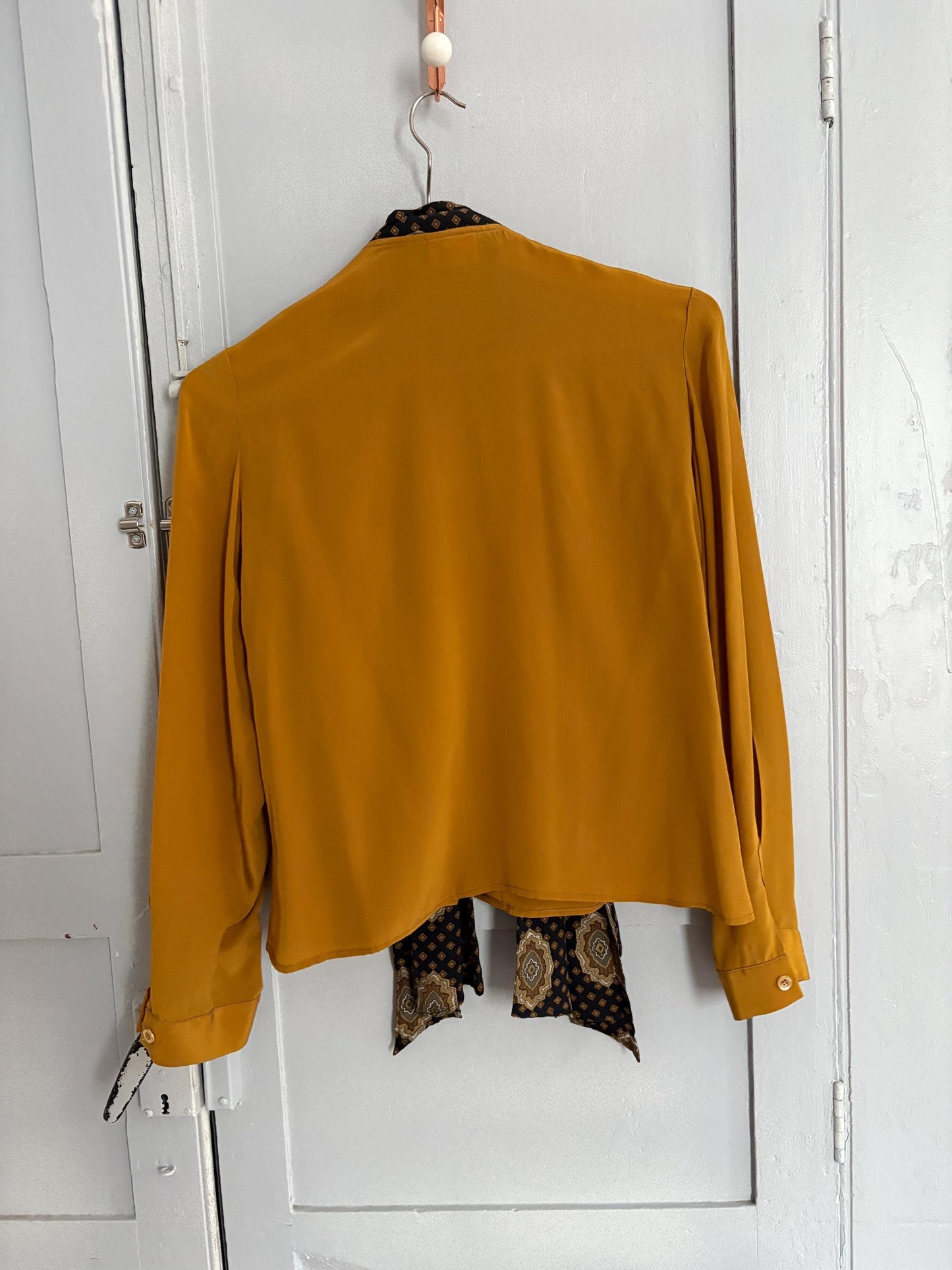 Vintage Mustard Silk Pussybow Blouse | 100% Silk Statement Tie Top | Fits EU36 / UK8 / US6