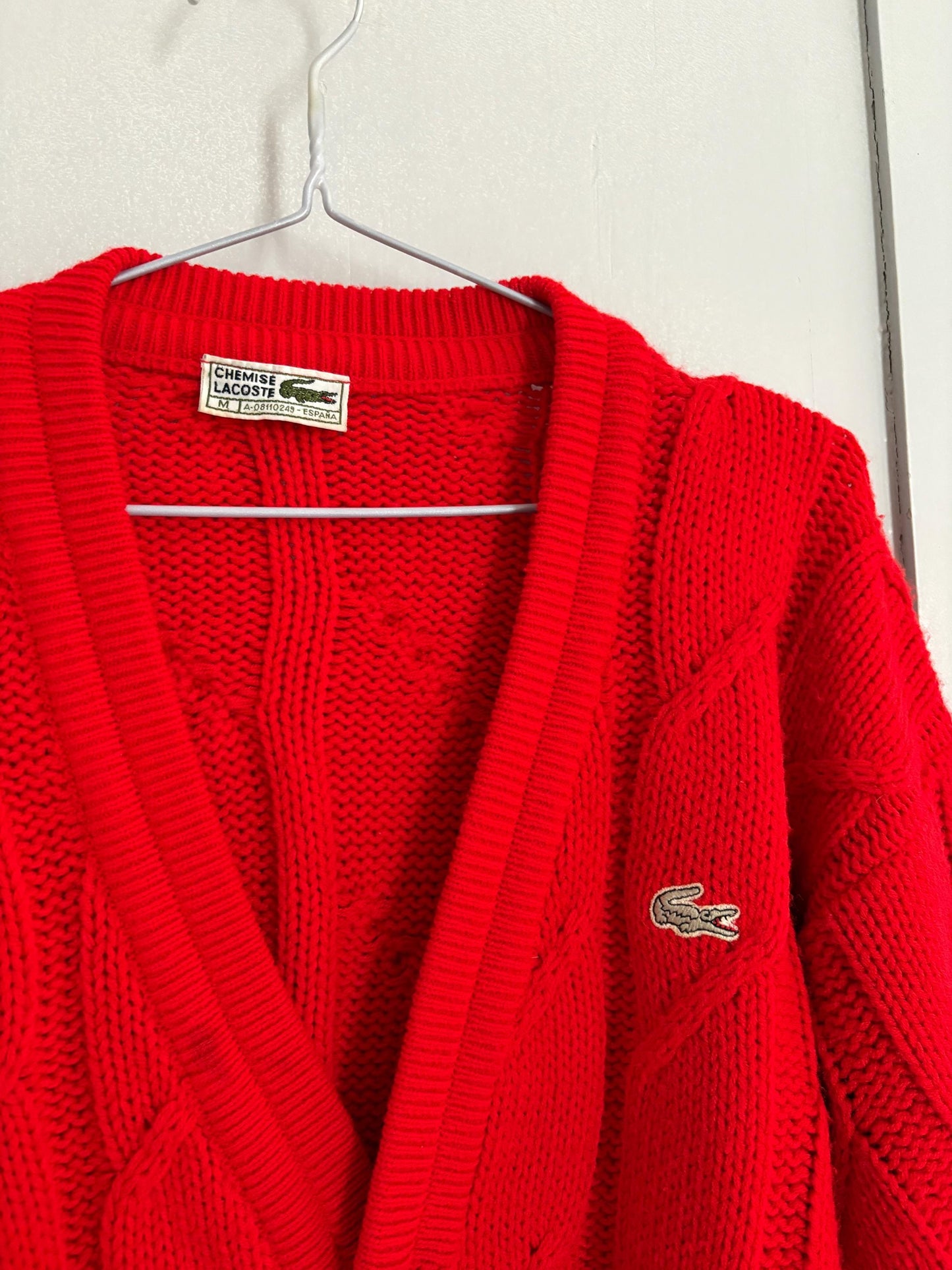 Bright red vintage Chemise Lacoste cardigan, V neck classic aesthetic jumper, Branded winter knit wear, Size M