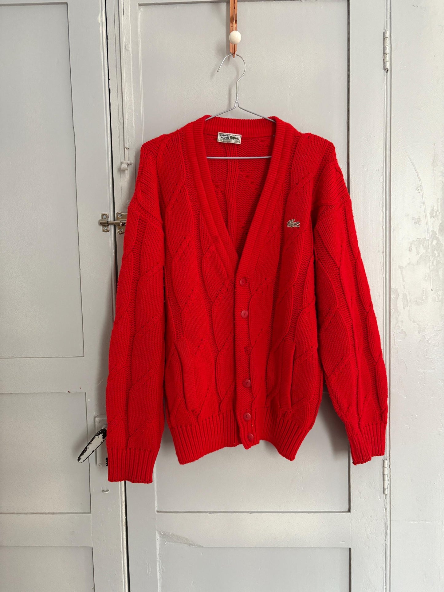 Bright red vintage Chemise Lacoste cardigan, V neck classic aesthetic jumper, Branded winter knit wear, Size M
