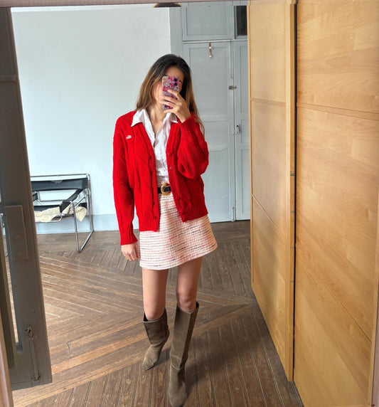 Bright red vintage Chemise Lacoste cardigan, V neck classic aesthetic jumper, Branded winter knit wear, Size M