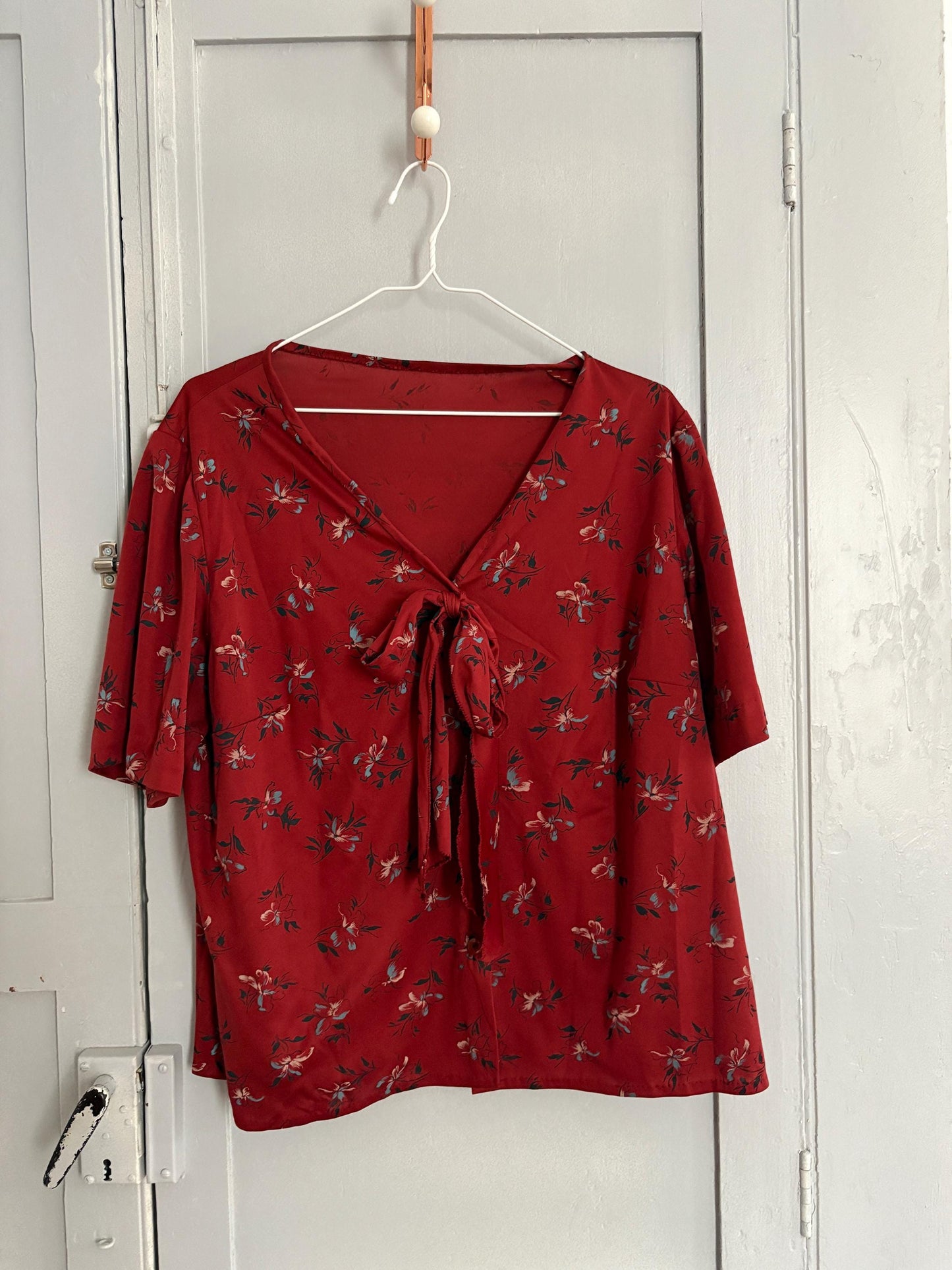 Vintage unique red frill blouse, HANDMADE Retro 60s woman top, groovy bow tie shirt, Dead stock original vintage, L