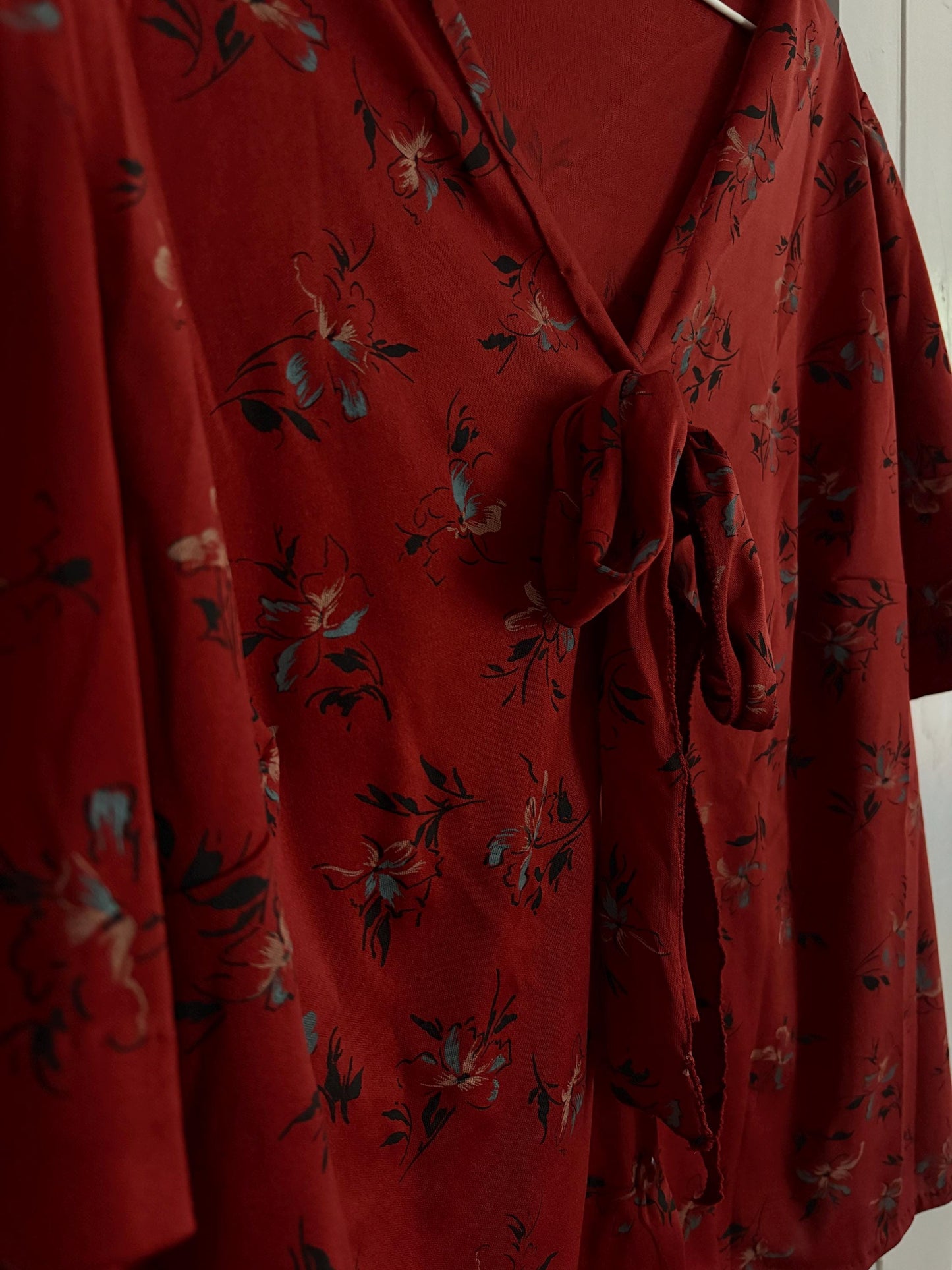 Vintage unique red frill blouse, HANDMADE Retro 60s woman top, groovy bow tie shirt, Dead stock original vintage, L