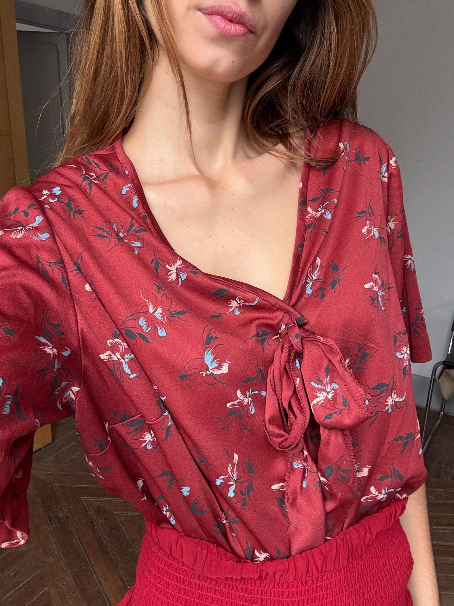 Vintage unique red frill blouse, HANDMADE Retro 60s woman top, groovy bow tie shirt, Dead stock original vintage, L