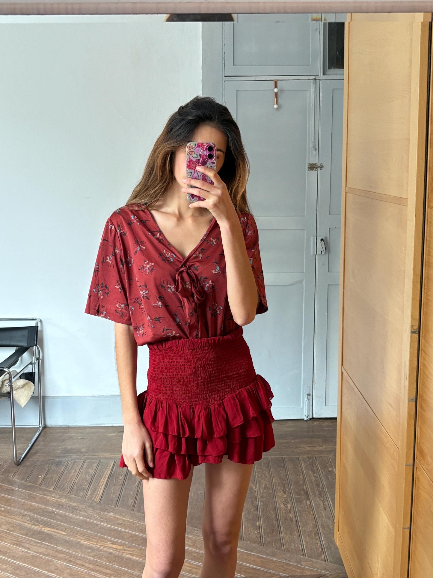 Vintage unique red frill blouse, HANDMADE Retro 60s woman top, groovy bow tie shirt, Dead stock original vintage, L