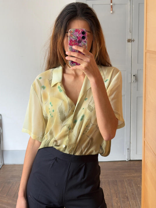 Sheer Vintage Watercolor Floral Blouse – Fits S to XL