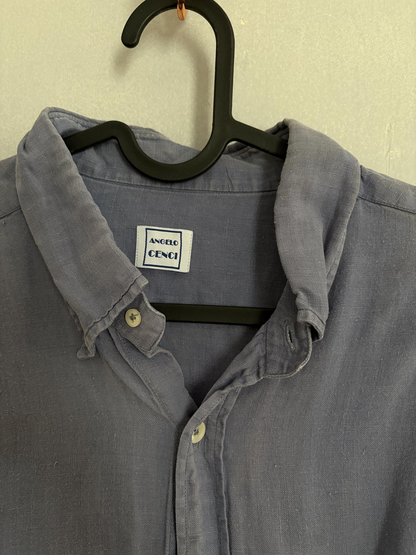 Vintage blue Italian designer Angelo Cenci 100 % linen button down shirt, Men's contemporary long sleeve blouse, Size 41