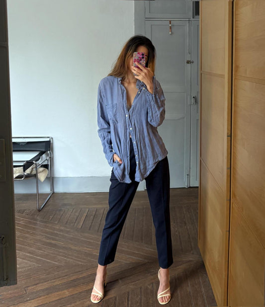 Vintage blue Italian designer Angelo Cenci 100 % linen button down shirt, Men's contemporary long sleeve blouse, Size 41