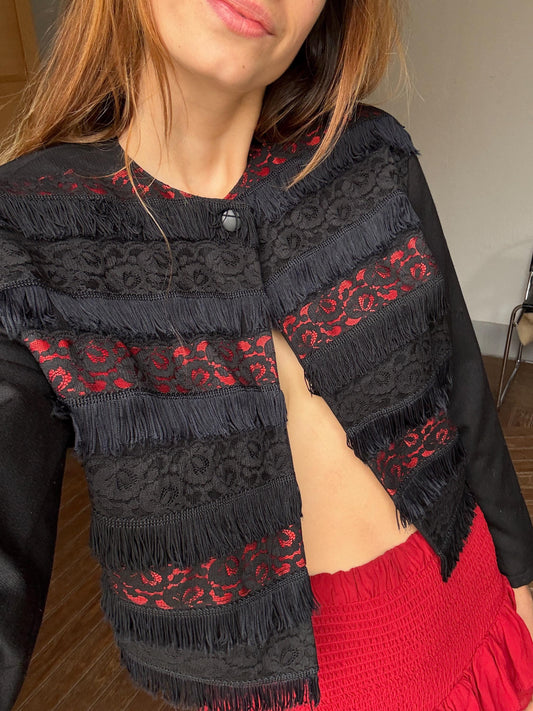 Vintage BENTLEY made in France black and red Jacket - Chic Gothic 70s Style Cropped Coat with lace and fringe detailing, Size M