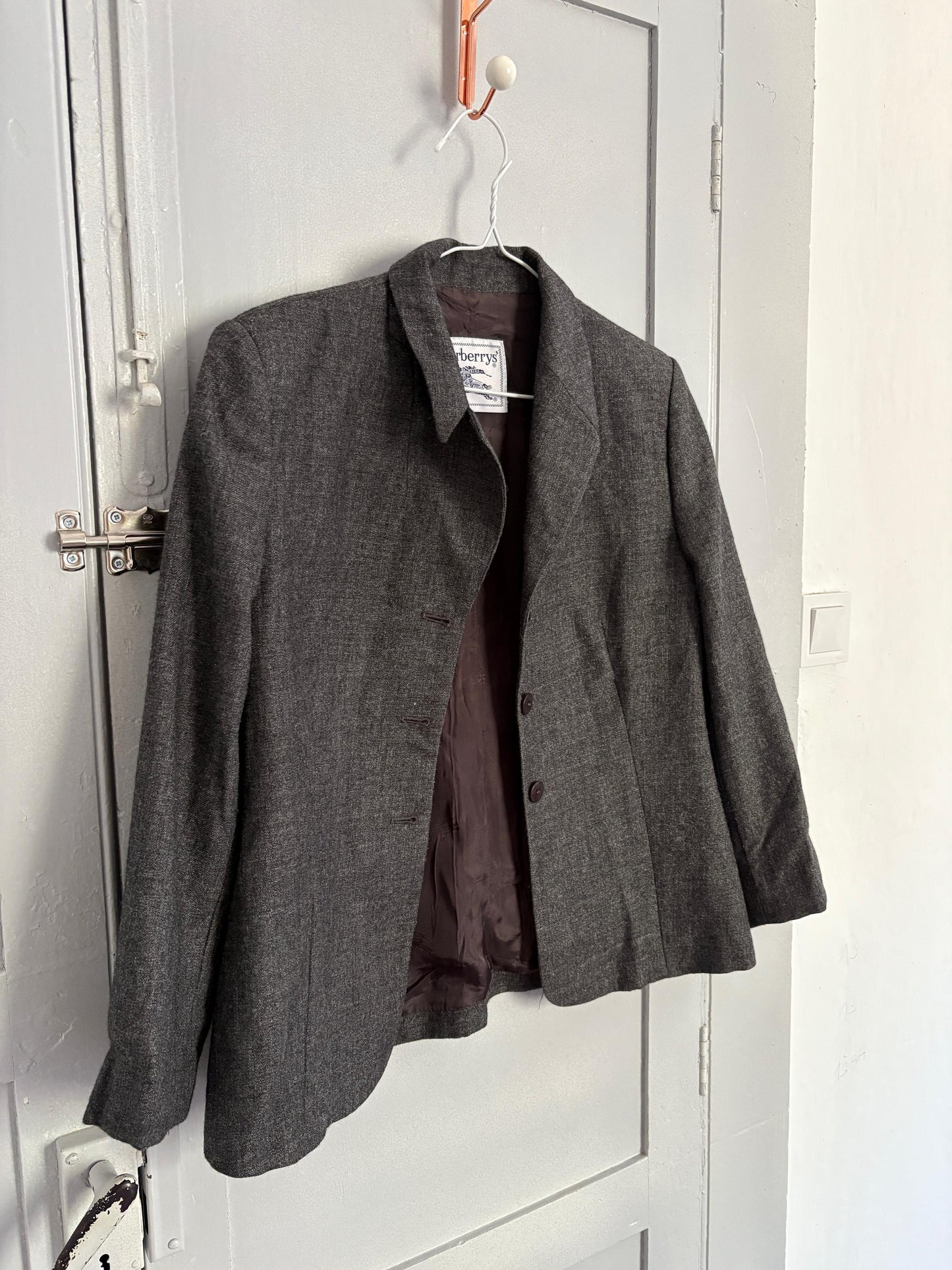 BURBERRYS' Wool 90s grey woman coat, Smart designer blazer jacket, Burberry London Pure Wool suit jacket, Size S