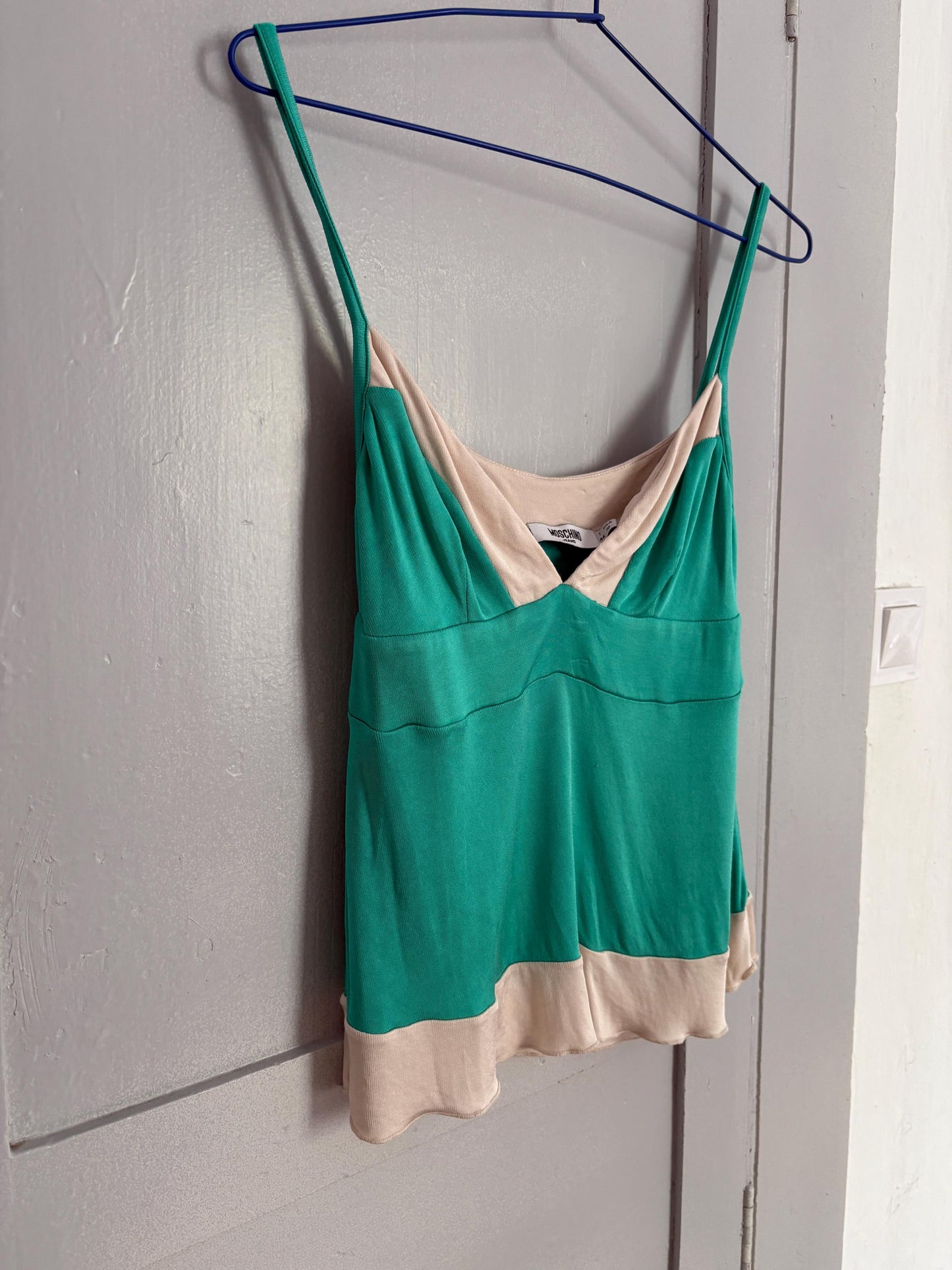 Vintage Moschino Jeans tank top, Colourful green camisole, Sexy open neckline, Secondhand branded designer wear, S