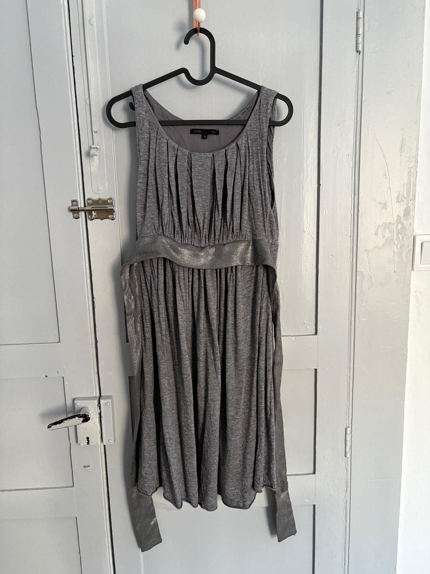 Vintage Maje Paris elegant grey midi dress, Silk and wool blend formal French designer dress, US 4–6