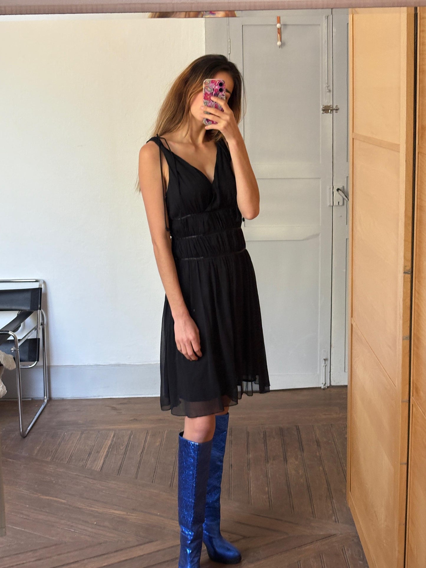 Vintage Jose Murielli black dress, Sexy deep v Basic casual loose fit dress, Lightweight Italian design summer dress, S