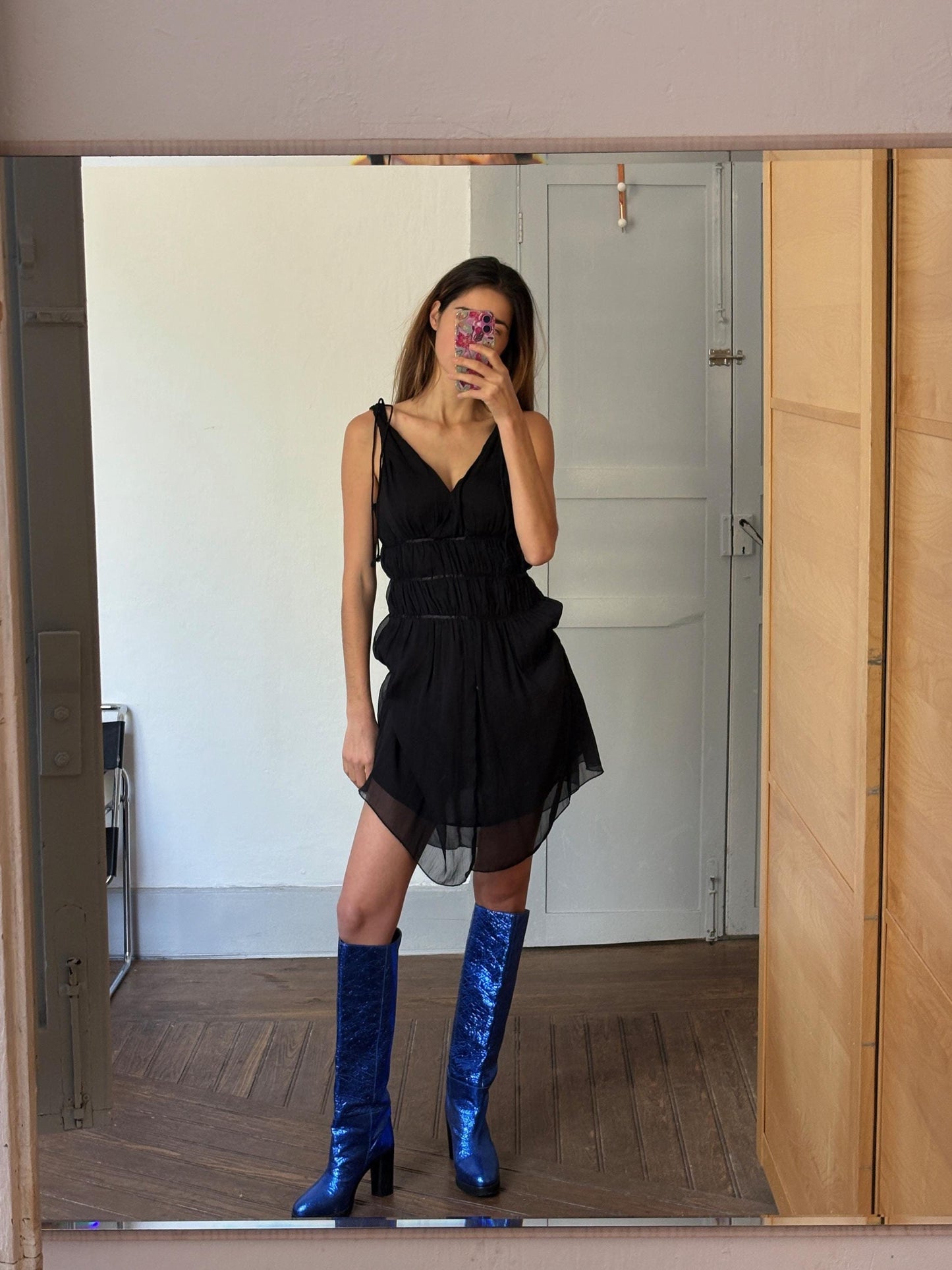 Vintage Jose Murielli black dress, Sexy deep v Basic casual loose fit dress, Lightweight Italian design summer dress, S