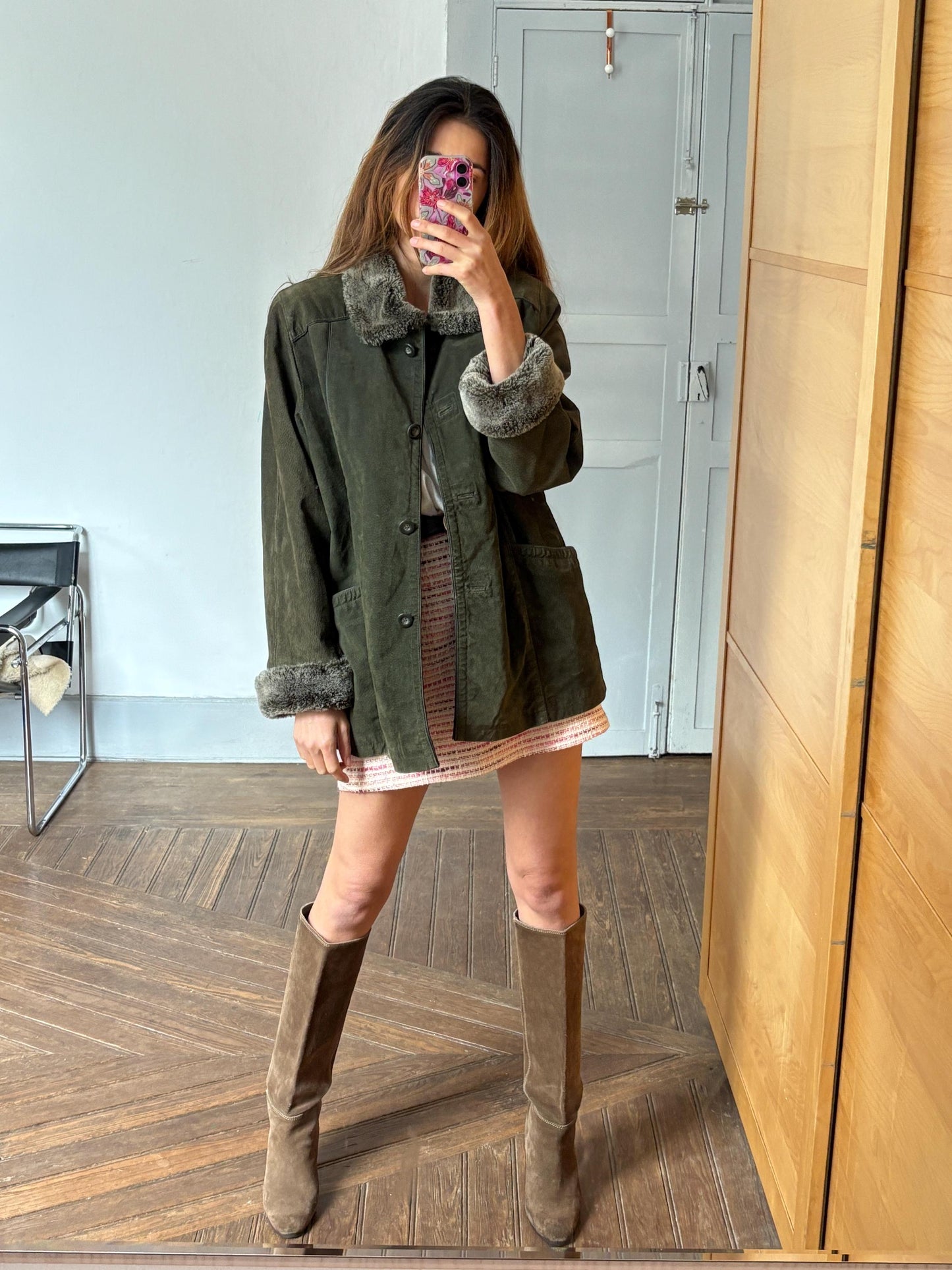 Gorgeous Dark green genuine leather coat, VintageLuxury Lamy jacket with faux fur detailing, 70s Retro cropped coat,