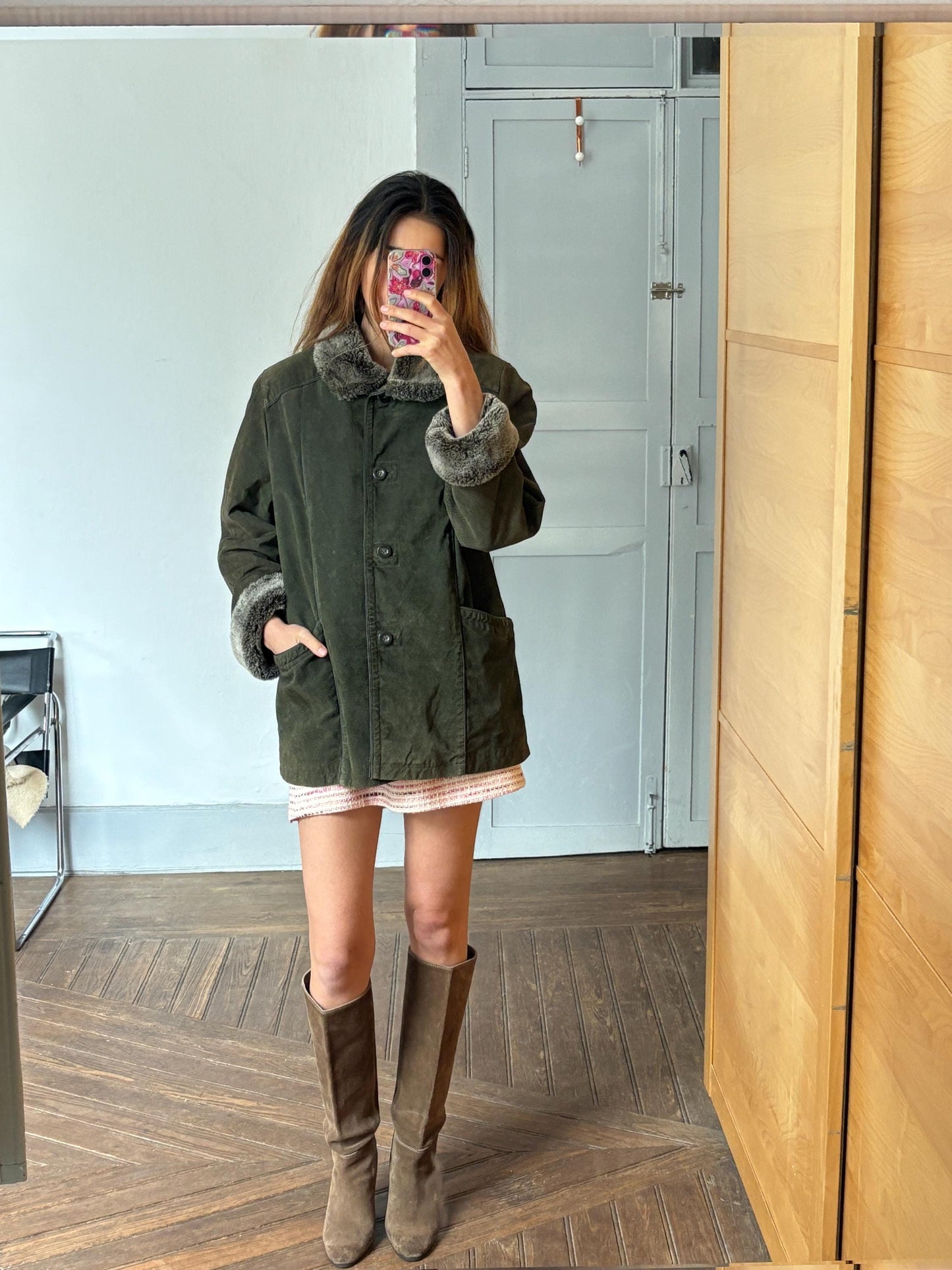 Gorgeous Dark green genuine leather coat, VintageLuxury Lamy jacket with faux fur detailing, 70s Retro cropped coat,