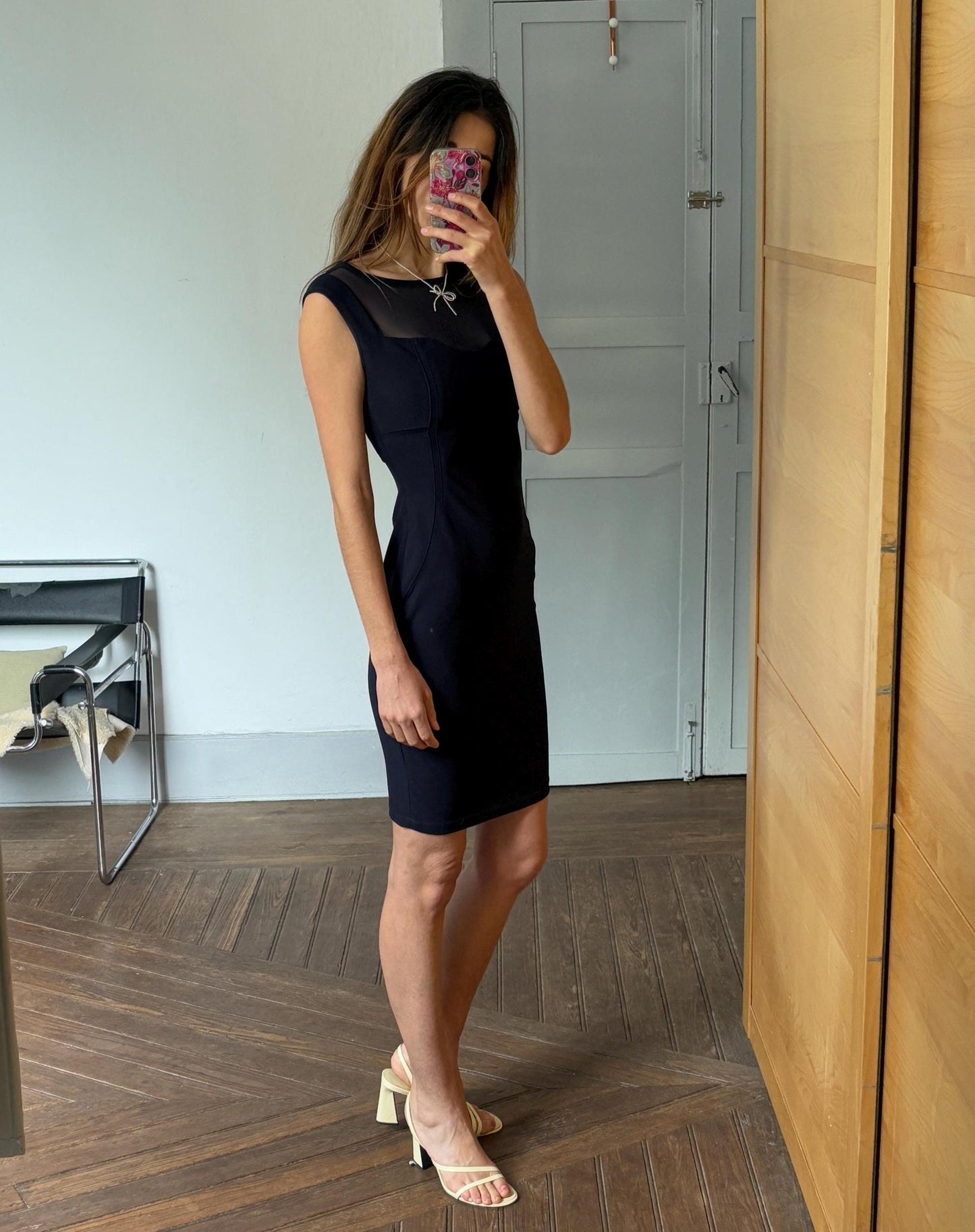 Vinte dark blue ADOLFO DOMINGUEZ pencil dress, Luxury designer tight dress with sheer neckline, XS