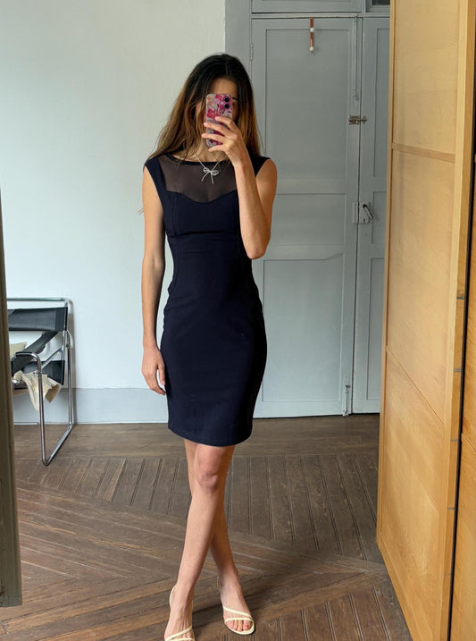 Vinte dark blue ADOLFO DOMINGUEZ pencil dress, Luxury designer tight dress with sheer neckline, XS