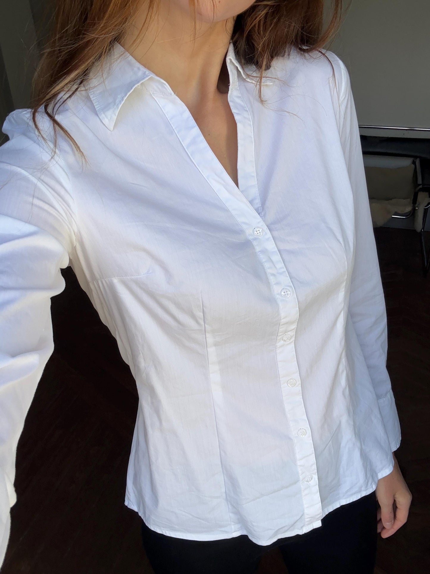 White professional work button up shirt, Crisp Blouse, Danish Style, Formal work wear, luxury Fit, S