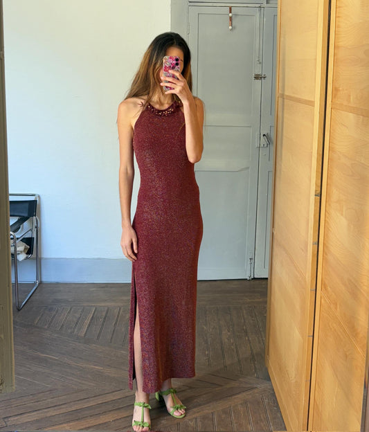 Gorgeous red sparkly long dress, Vintage elegant red maxi dress, high neck open back valentines day outfit, Luxury summer dress, S