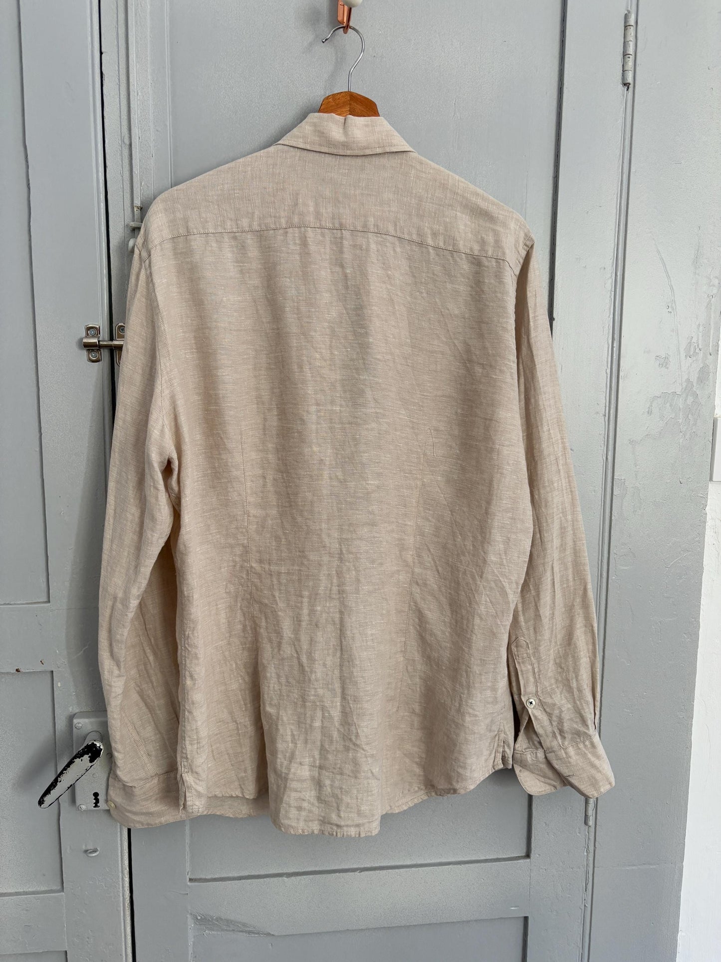 Vintage sand linen blouse, Earthy short sleeve shirt, Summer light beige Men's oxford, Oat coloured boxy fit classic formal shirt