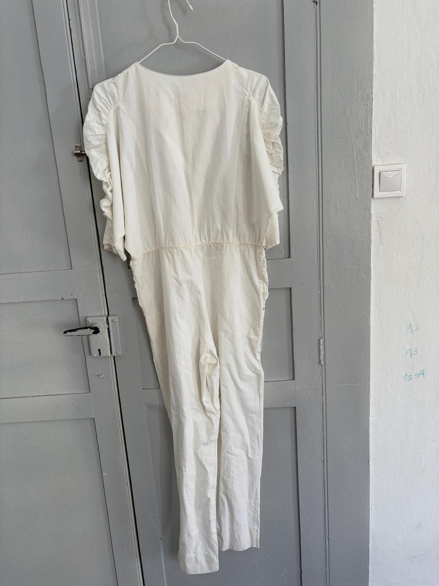 Vintage white long jumpsuit, Retro puff sleeve playsuit, loose fit play outfit, Retro workwear, S