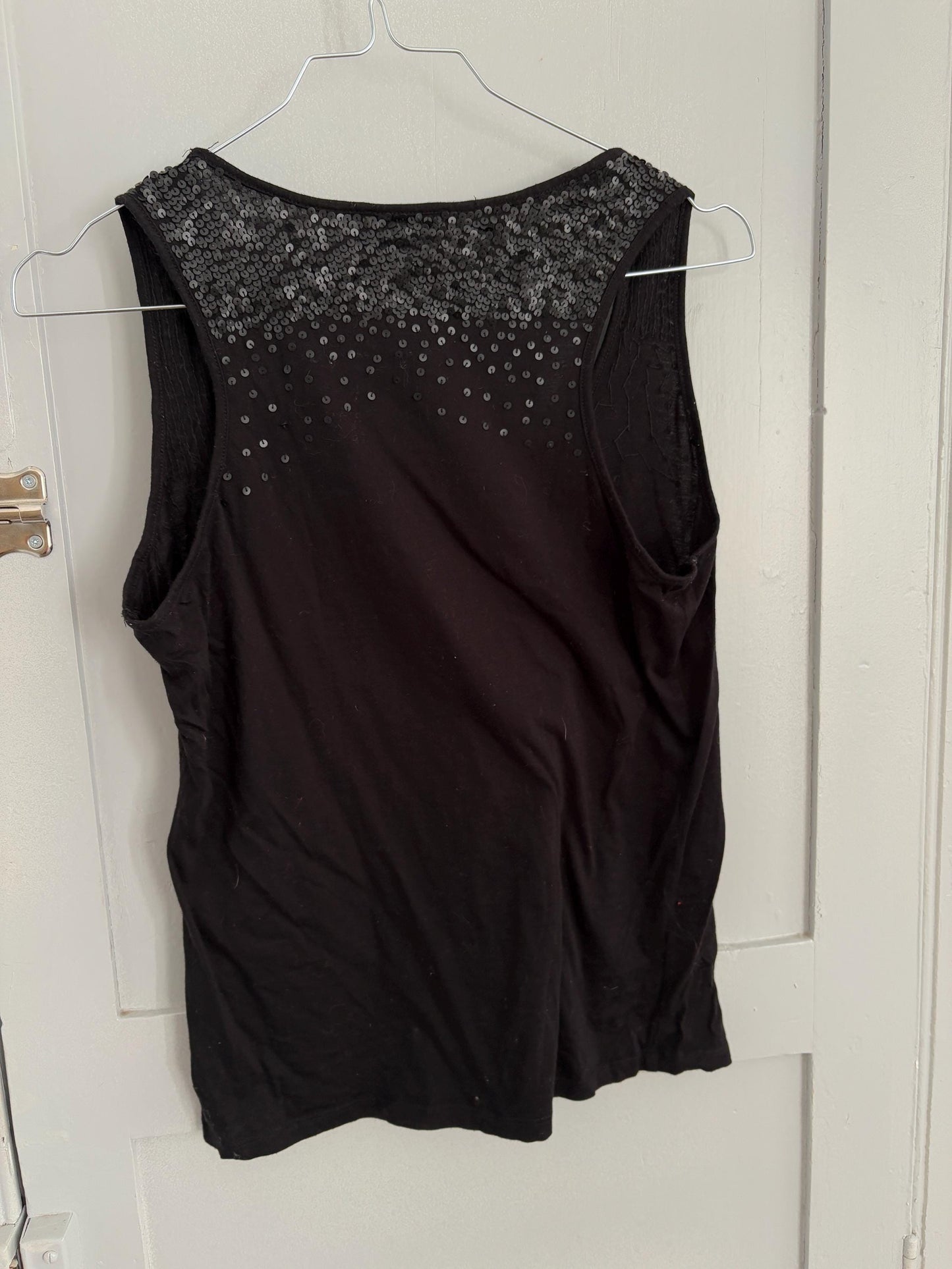 Spanish designer Vintage Adolfo Dominguez Top, luxury vintage black sequin decorated camisole, Open neck tank top, Elegant sleeveless shirt